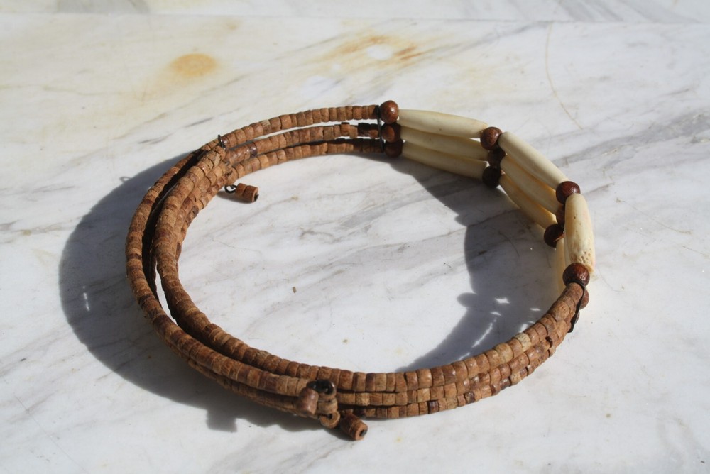 Wood Seed Choker Necklace Wire Small Brown Tan Multi Strand Circle
