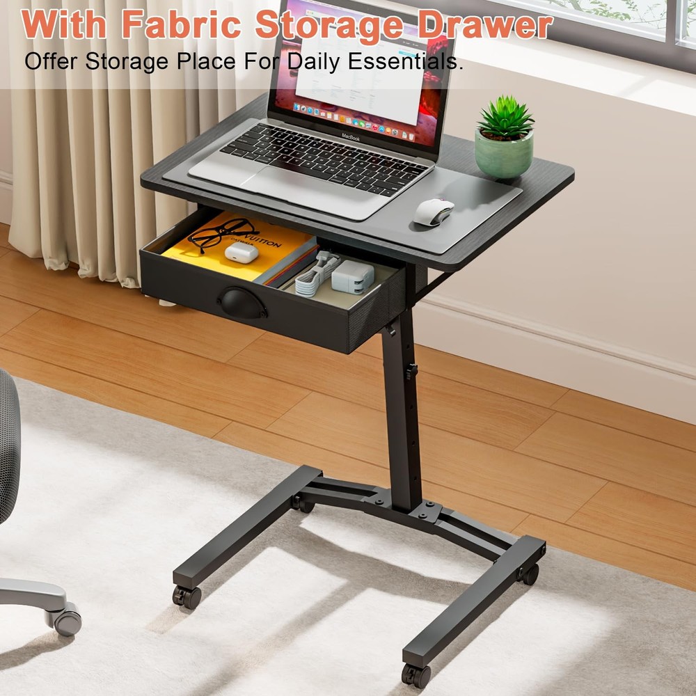 Rolling Adjustable Height Computer Desk With Drawers, Small Mobile Laptop Des...