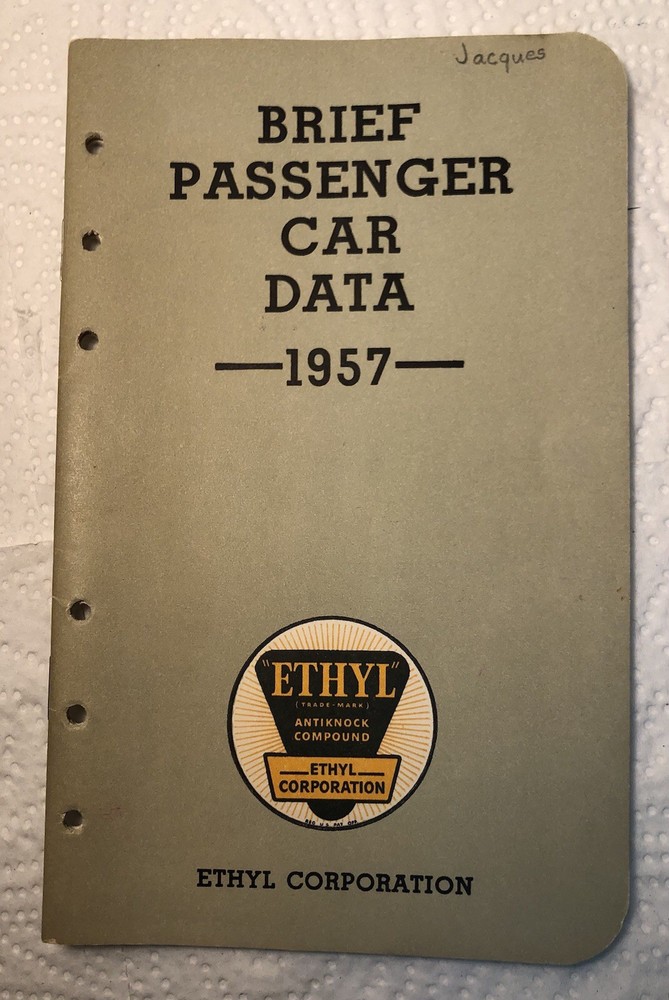 1957 Passenger Car Data Booklet With Ethyl Gasoline Logo