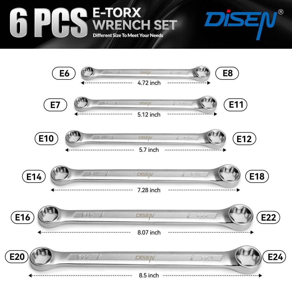 6-Piece E-Torx Wrench Set, Double Box End, CR-V Steel, Durable Tools