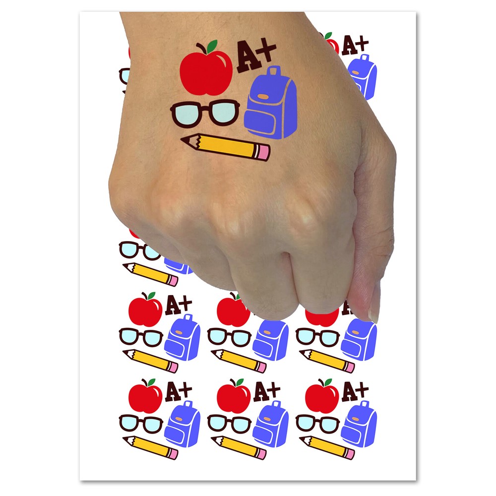 School Backpack Pencils Glasses Apple Temporary Tattoo Water Resistant Set