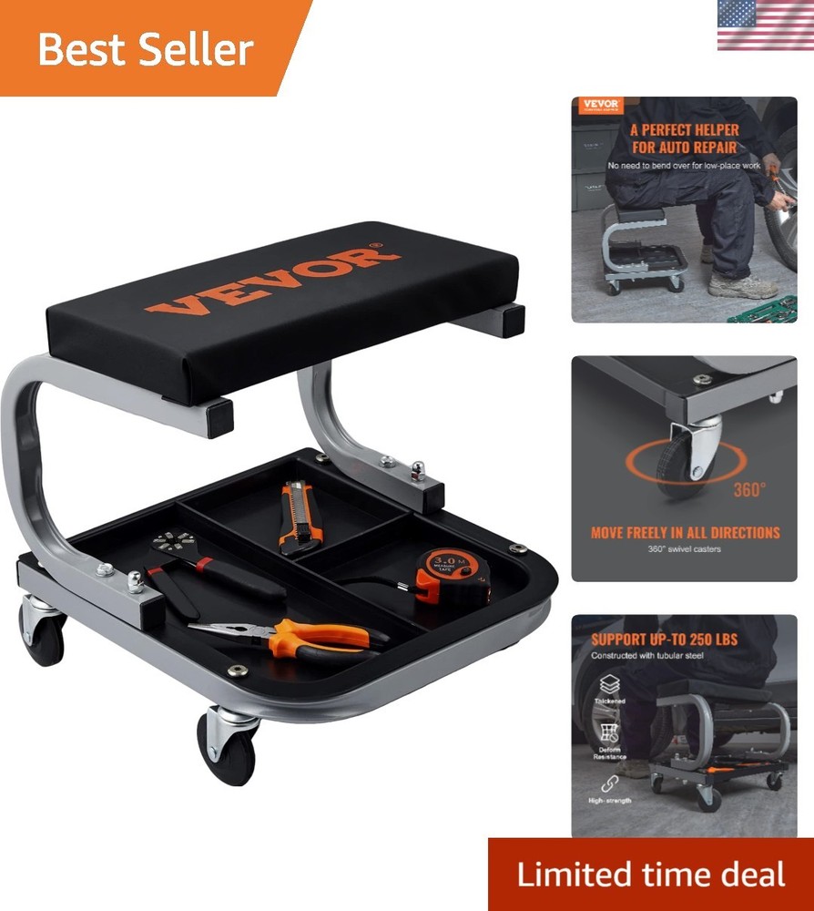Padded Rolling Workshop Stool - 250 lbs Capacity, Tool Tray - Heavy-Duty Steel
