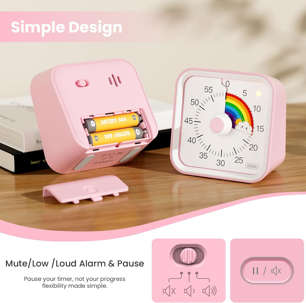 Visual Timer for Kids with Pause Function, Cute Silent Timer with Rainbow for Cl