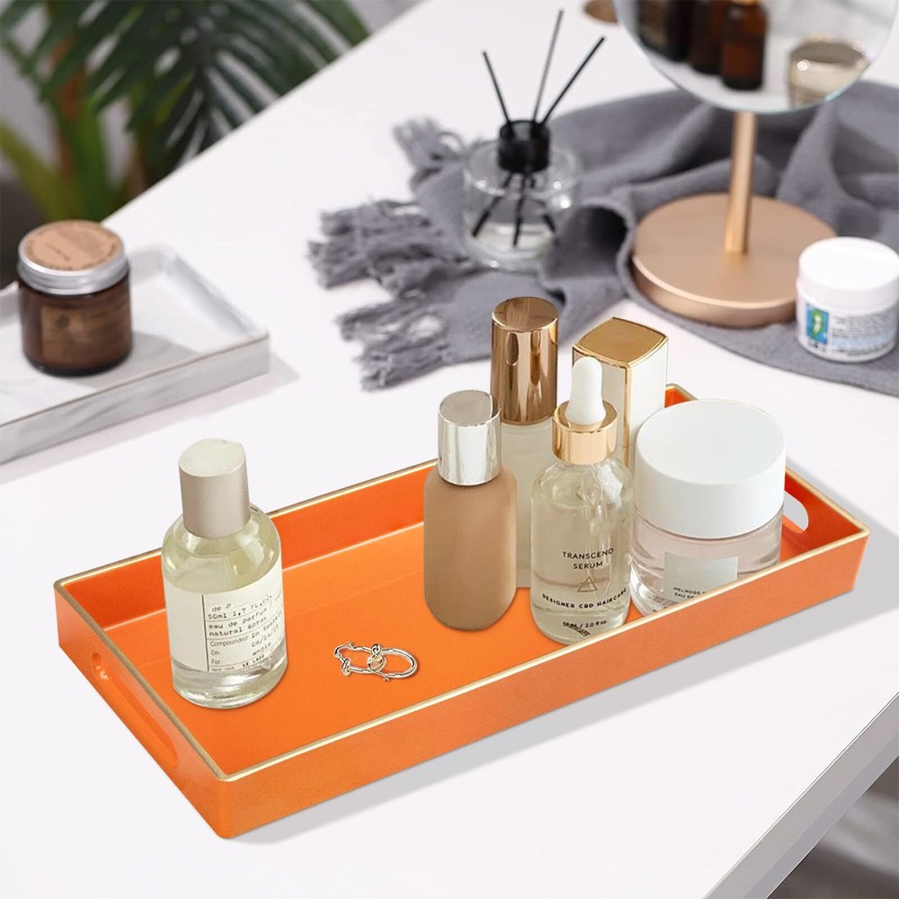 Orange Vanity Tray Plastic Decorative Tray Rectangular Tray with Handles Bath...