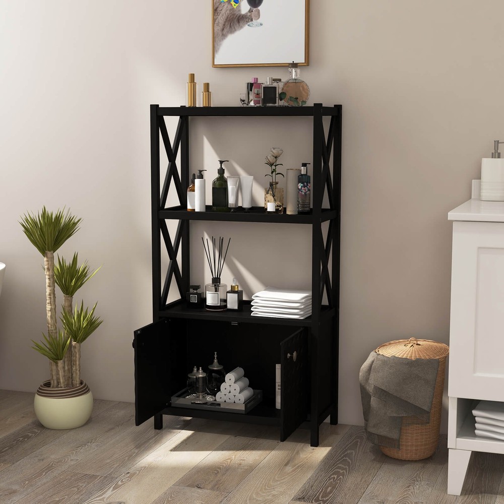 Bathroom Storage Cabinet w/ Open Shelves & Double Doors Modern Storage Organizer