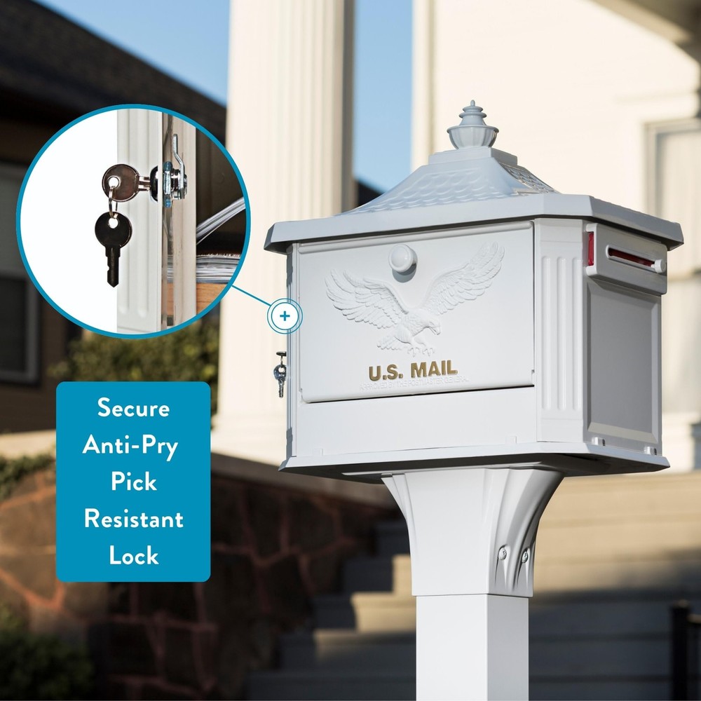 Secure Locking Aluminum Mailbox - USPS Approved Post Mount, White Large Curbside
