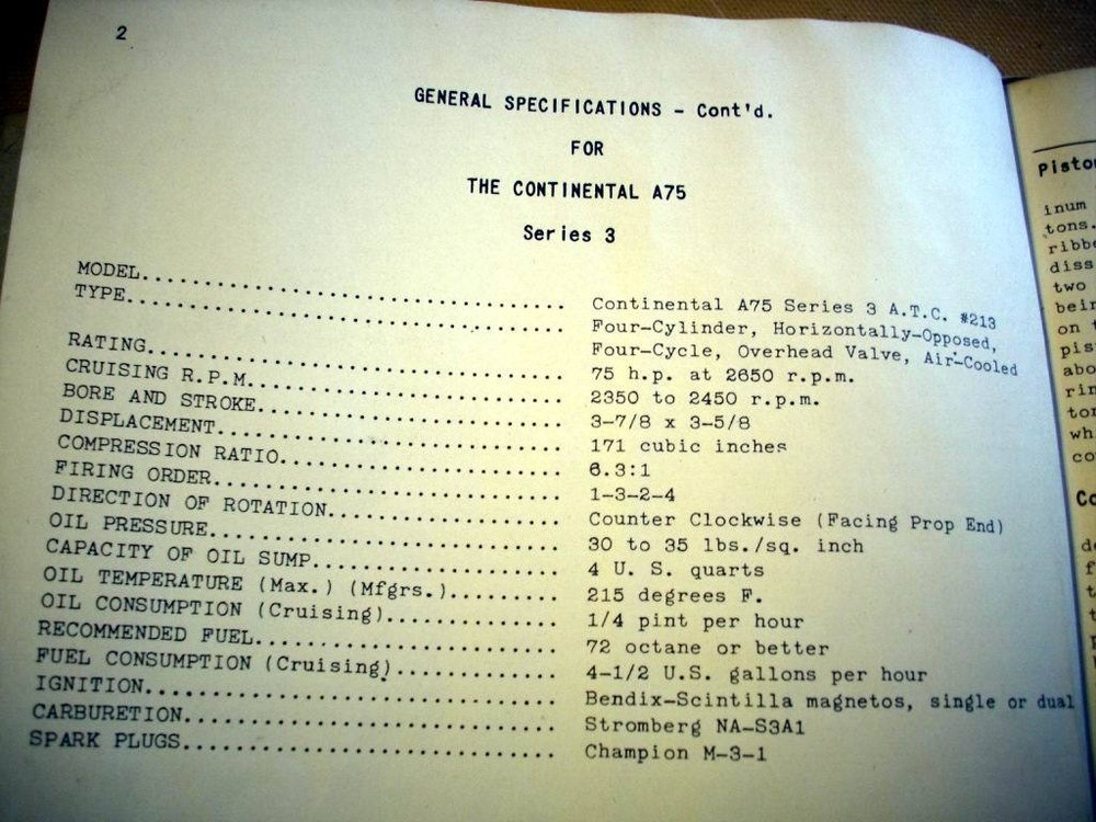 1939 Continental A-50, A-65 & A-75 Engine Operators Handbook