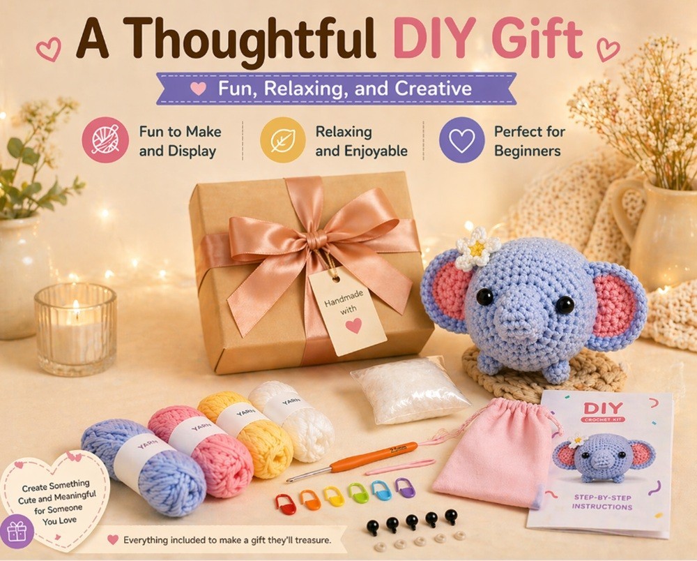 Elephant Crochet Kit for Beginners Amigurumi DIY Set with Video Tutorial