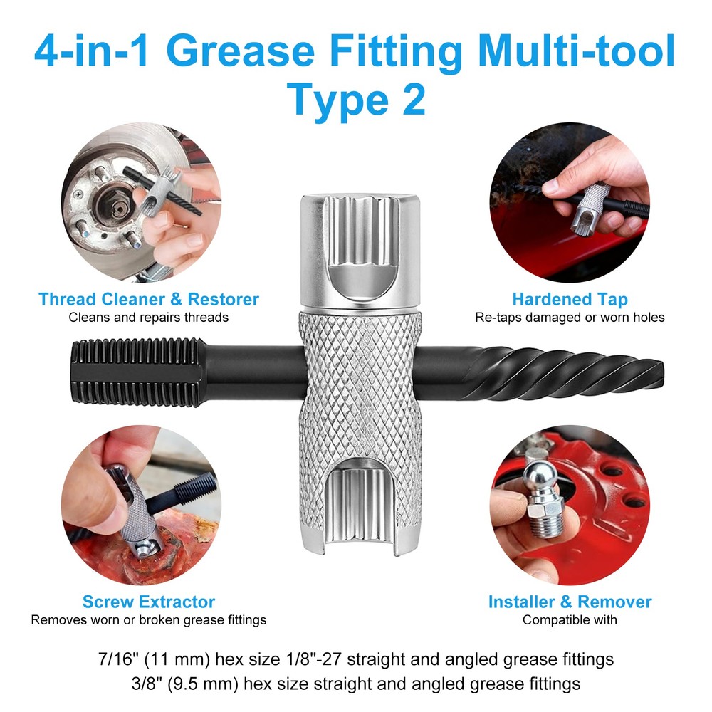 4 in1 Grease Zerk Fitting Tool Assortment Install Remove Rethread SAE NPT Metric