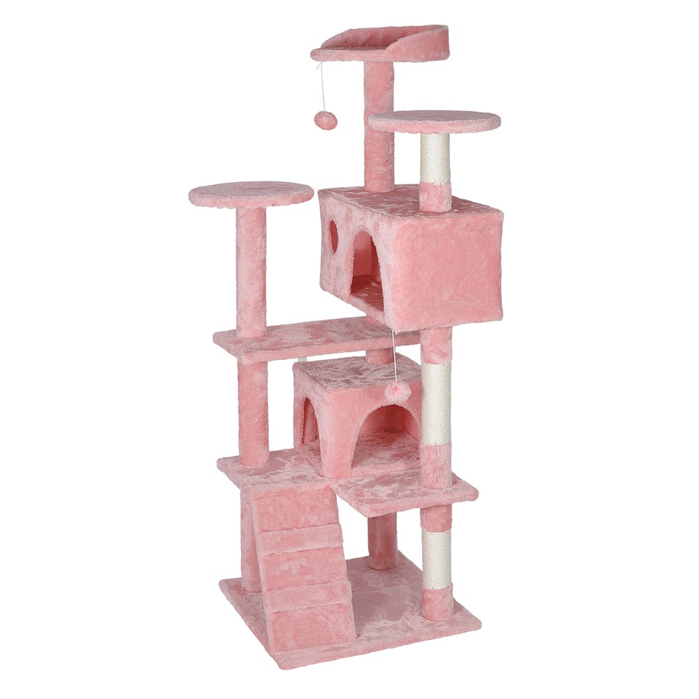 55 Inch Multi-Level Cat Tree Tower Kitten Condo House with Scratching Posts Pink