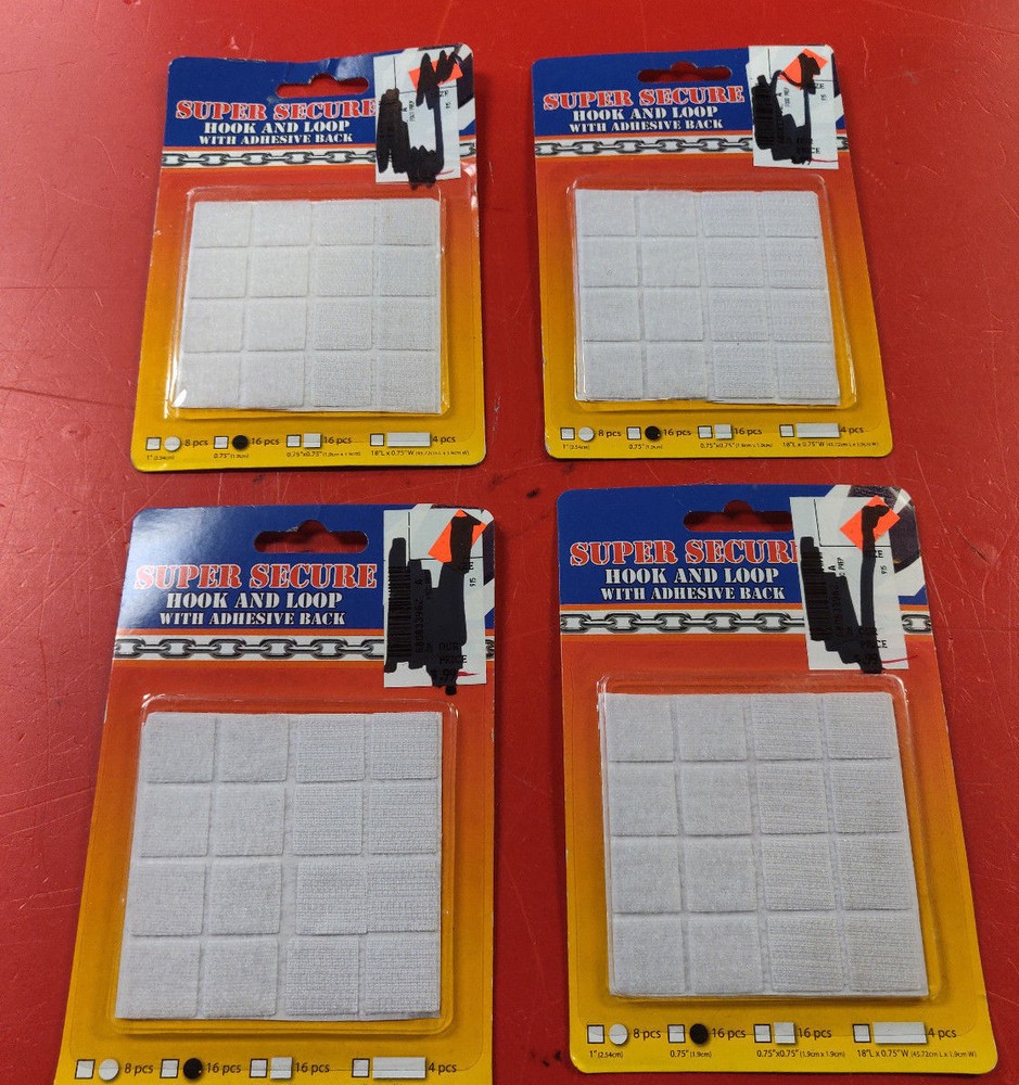 ⭐️⭐️⭐️⭐️⭐️ Lot of 4 Super Secure Hook & Loop Square w Adhesive Back 16pcs/pack