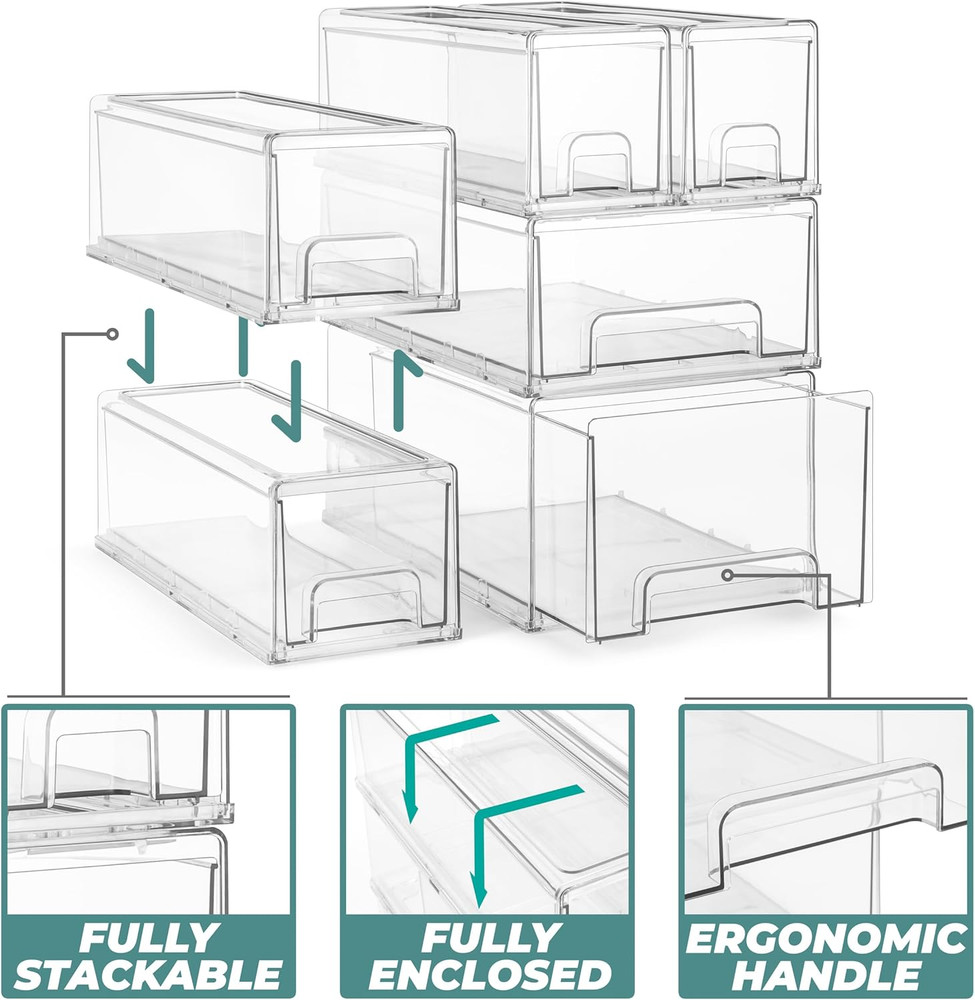 1 Medium & 2 Small Clear Stackable Storage Drawers – Plastic Organizer Bins with