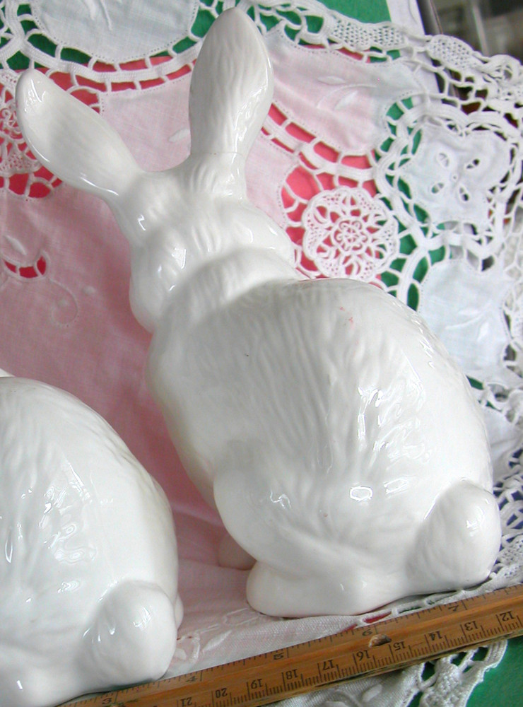 Ceramic Bunny, 7" Tall, White & Pink Hand Painted