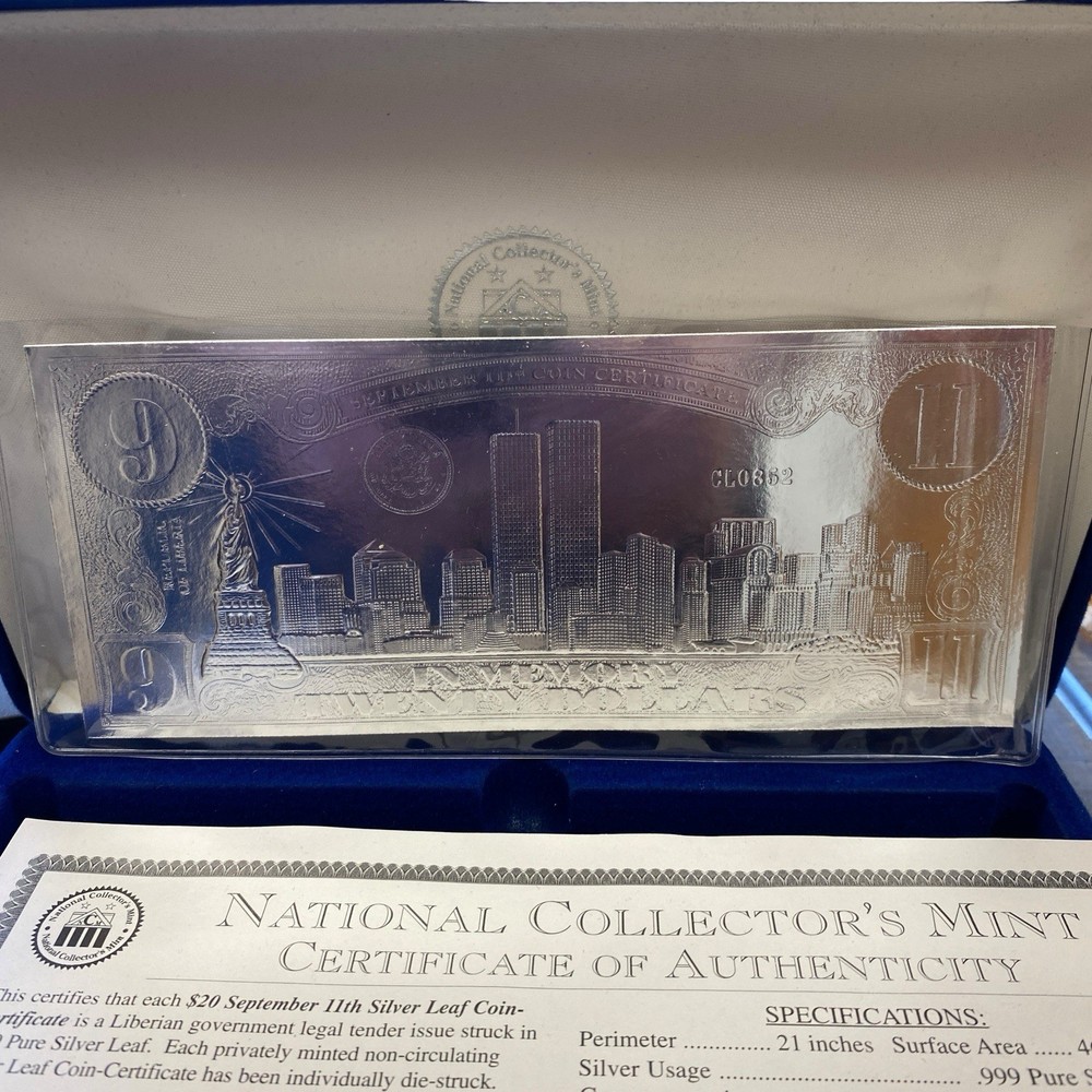 NATIONAL COLLECTOR'S MINT $20 September 11th Silver Leaf Coin Certificate COA