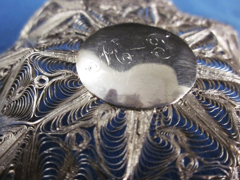 Vintage Silver Filigree 10" Fancy Server 68 g. Monogram Disc on Back Front Eagle