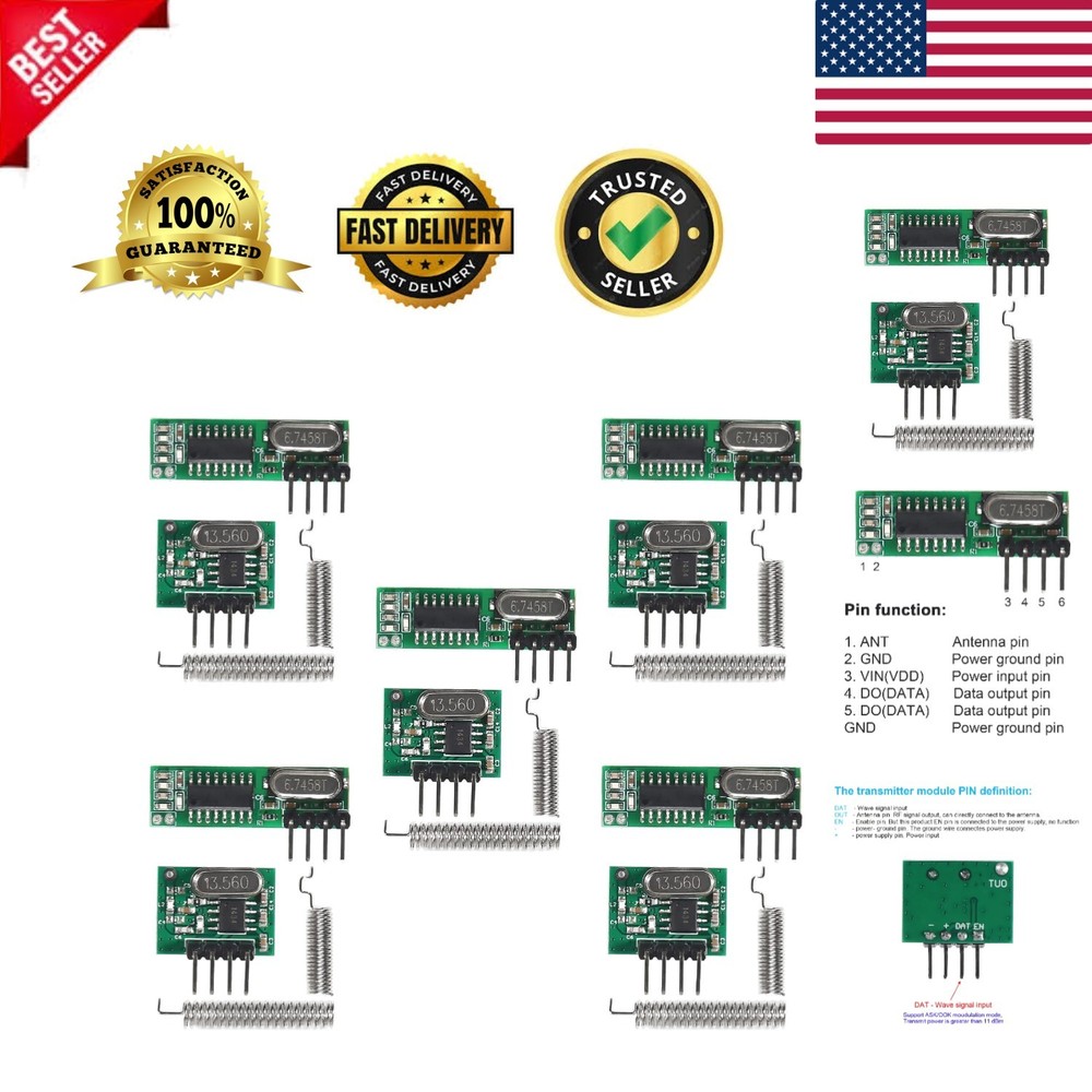 5pcs 433MHz Wireless RF Transmitter & Receiver Module for Arduino DIY Projects