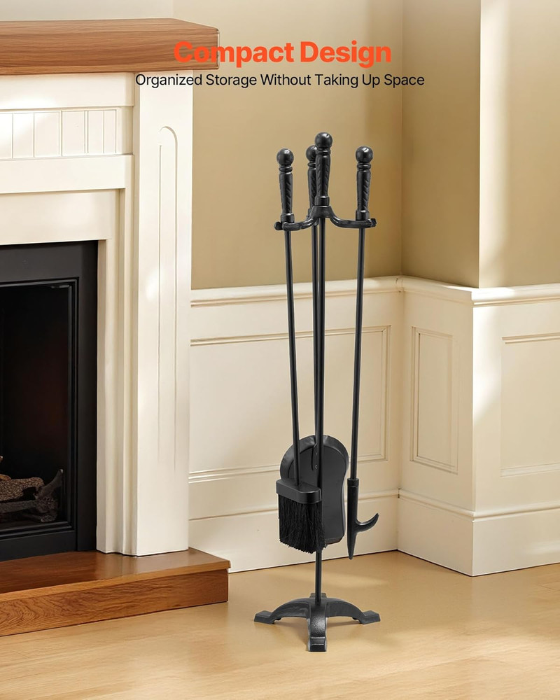 Fireplace Tool Set, 4 PCS Fire Tool Set and Holder with Three-Prong Stand, Ash S