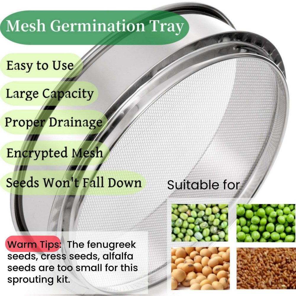 9" Stackable Stainless Steel Seed Sprouting Kit, 3-Tier Mesh Germination Tray...