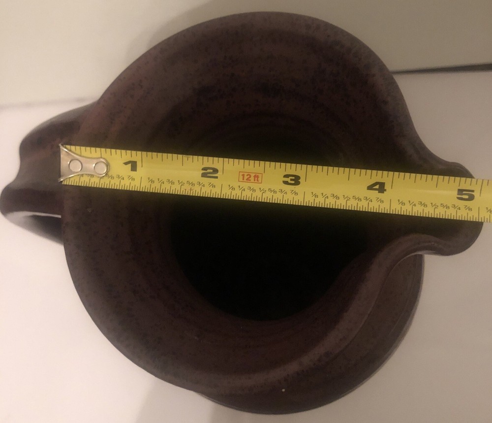 Art Pottery Ceramic Pitcher Rustic Drip Glaze Ribbed Pattern Scroll Handle 11.5”