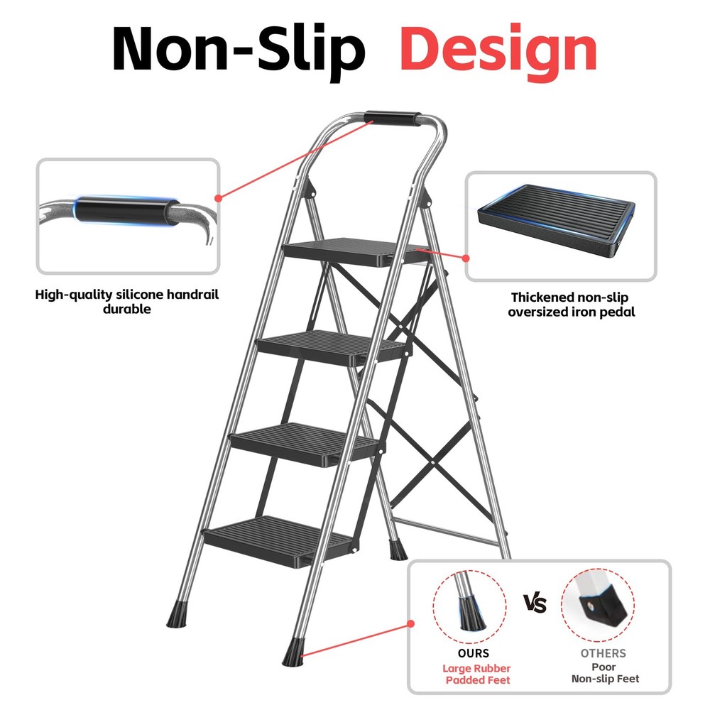 Step Ladder Foldable Folding Stool - for Home Adults 4 Step, Grey Black
