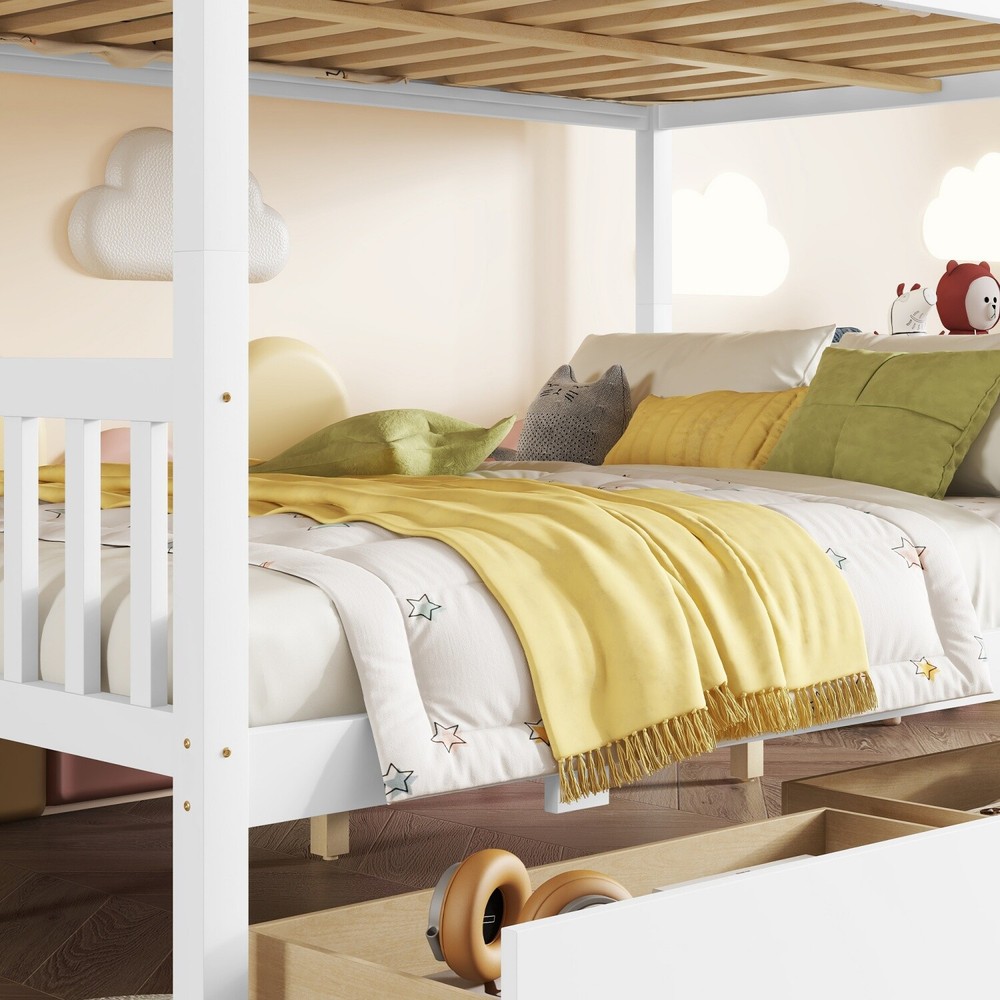 Full Over Full Wood Bunk Bed Convertible Full Size Bed Frame w/ 2 Drawers