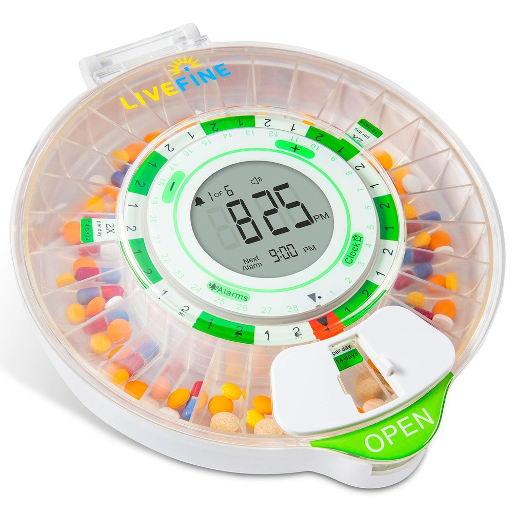 LiveFine 28-Day Automatic Pill Dispenser with LCD Display & Key Lock, Clear Lid