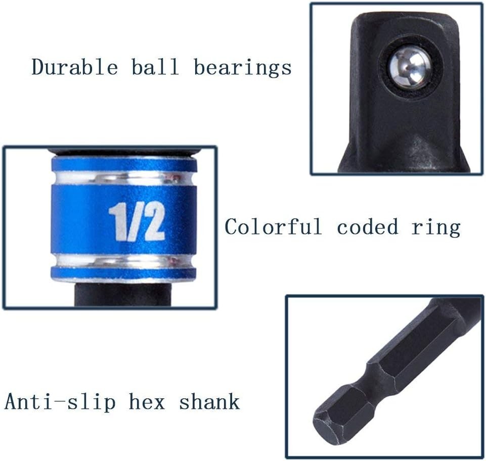 Color-Coded Impact Socket Adapter Set: 3 Essential Sizes + 105° Tool Extension