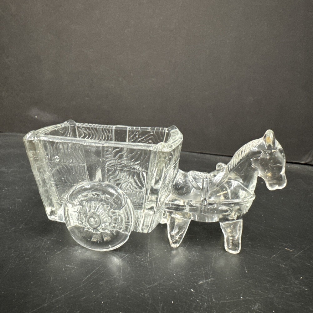 Vintage Glass Donkey Pulling Cart Candy Container Dish Mule Donkey Wagon Decor