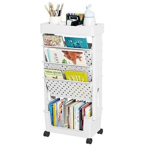 Mobile Bookshelf, Rolling Bookcase Book Storage Rack, Movable 5-Tier White