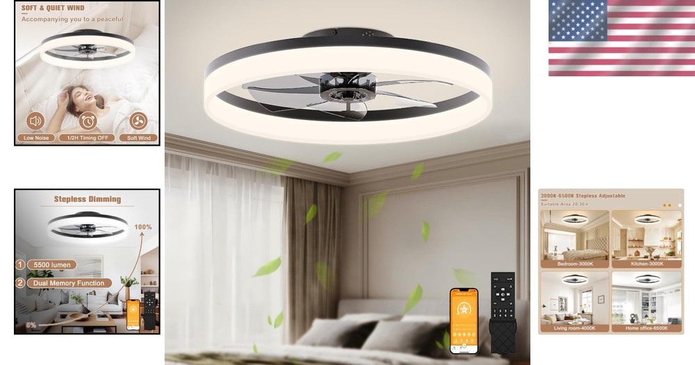 Quiet Low Profile Ceiling Fan with Remote & Dual Memory Function - 5400 Lumen