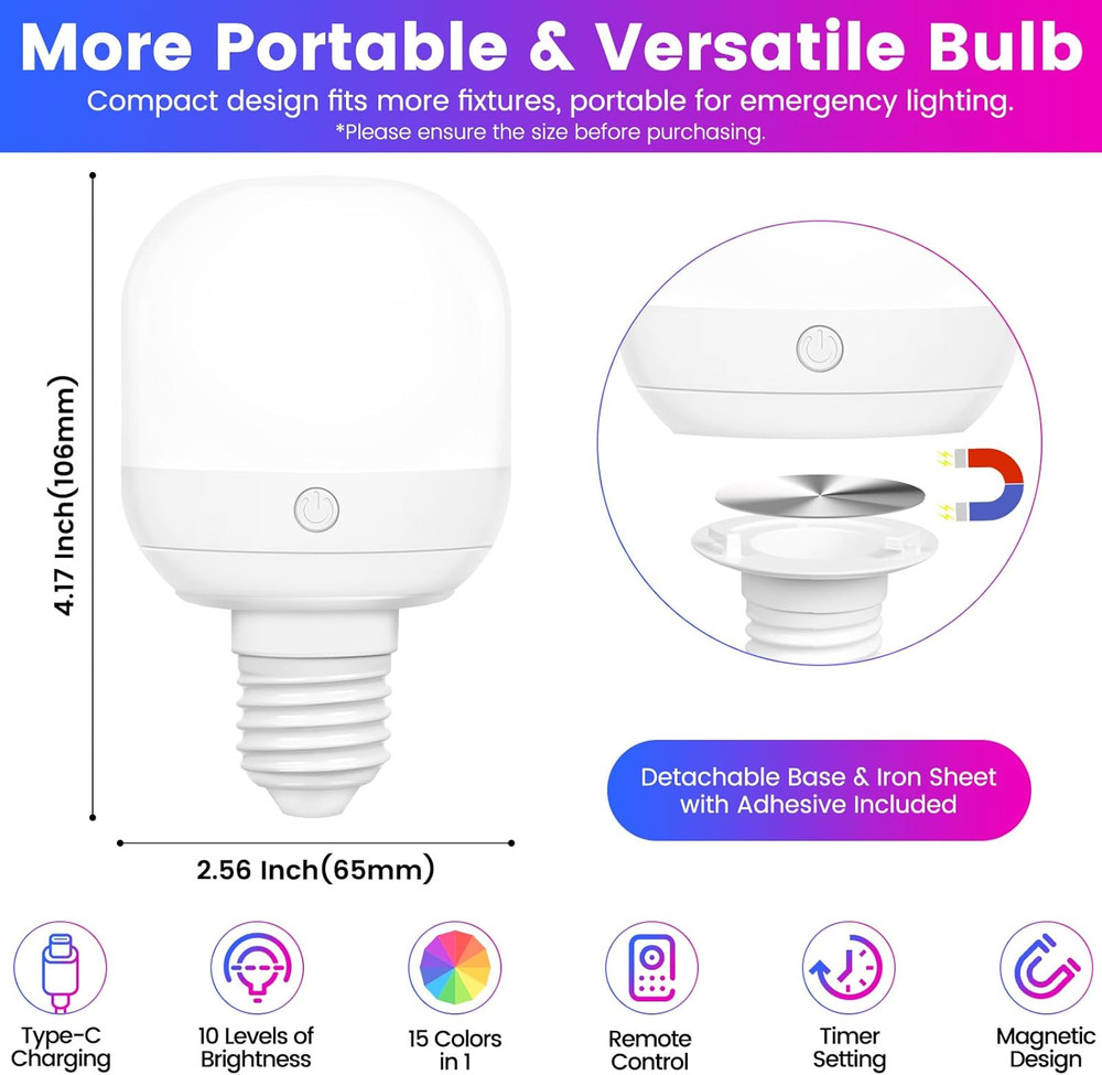 2-Pack Rechargeable Battery Operated Light Bulb with Remote Control, E26 Battery