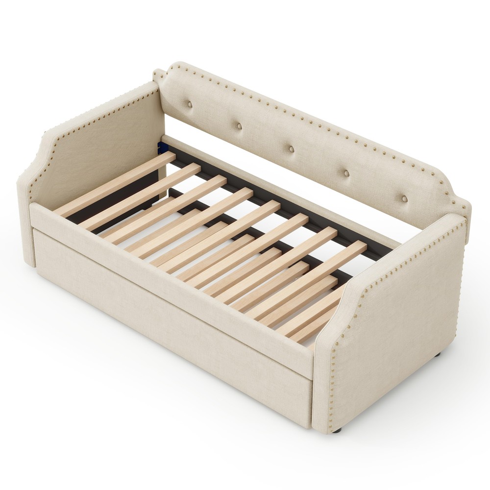 Reinforced Frame Twin Size Upholstered Daybed with Functional Trundle