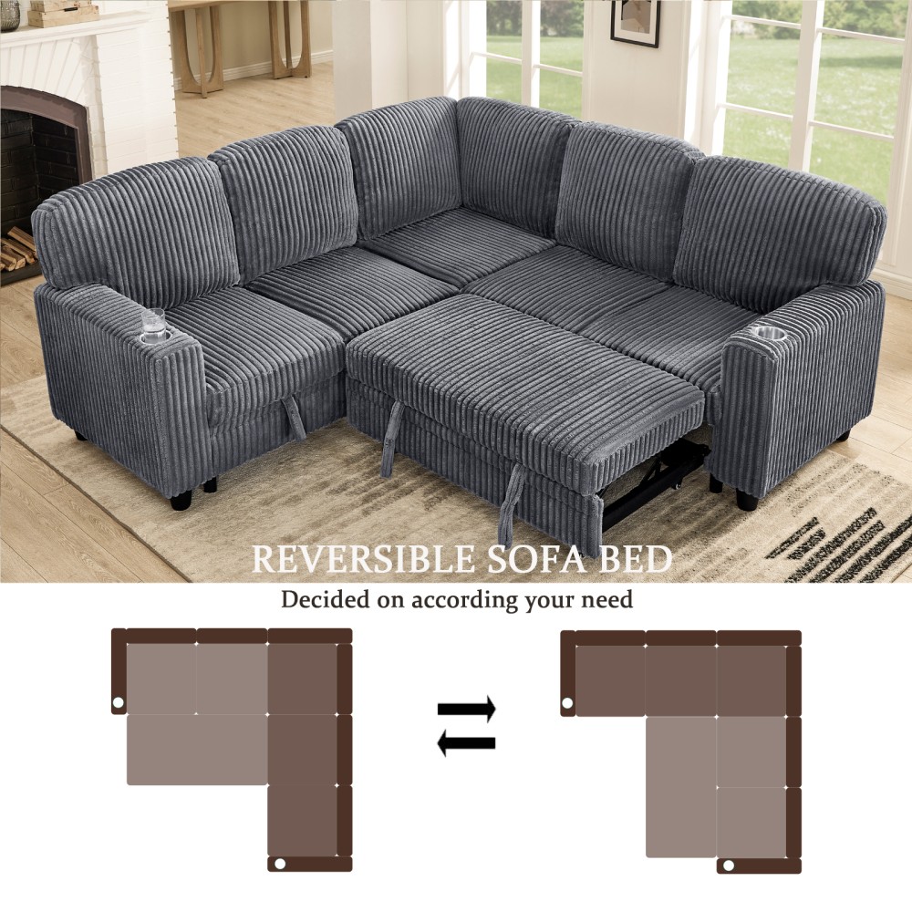 5-Seat L-Shaped Sectional Sofa Bed w/ Pull-Out Bed & USB Charging, Grey