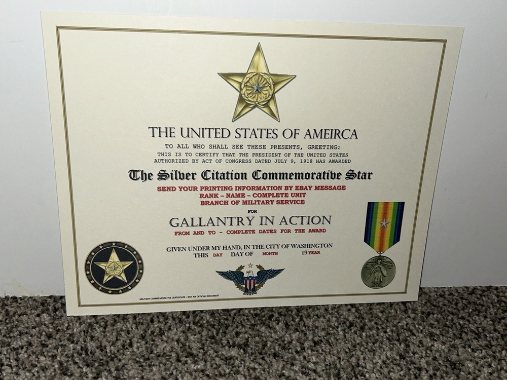 WW1 - SILVER CITATION COMMEMORATIVE CERTIFICATE ~ CUSTOM PRINTING T-1