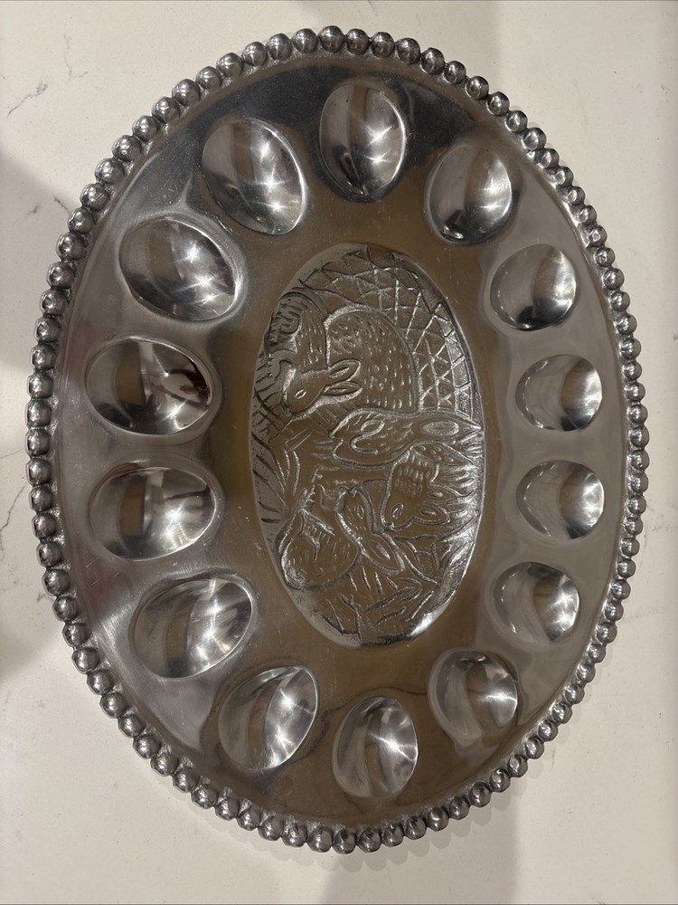 Oval Rabbit Deviled Egg Silver Tone Metal Platter Tray Beaded Trim
