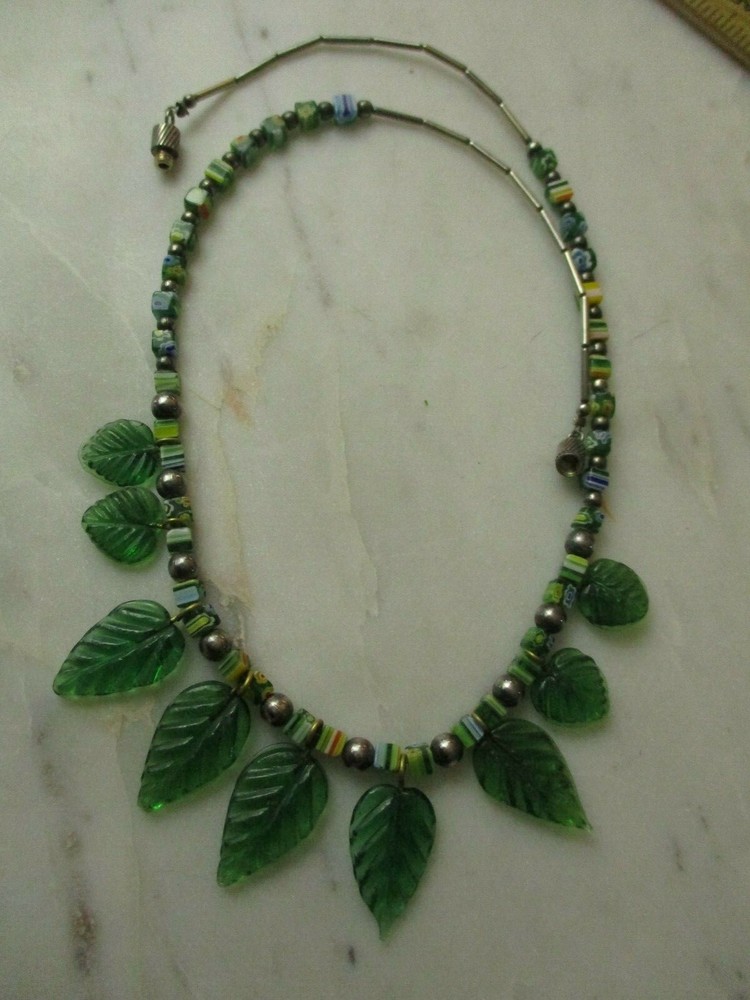 Glass necklace Merano beads leaf pattern hippy boho