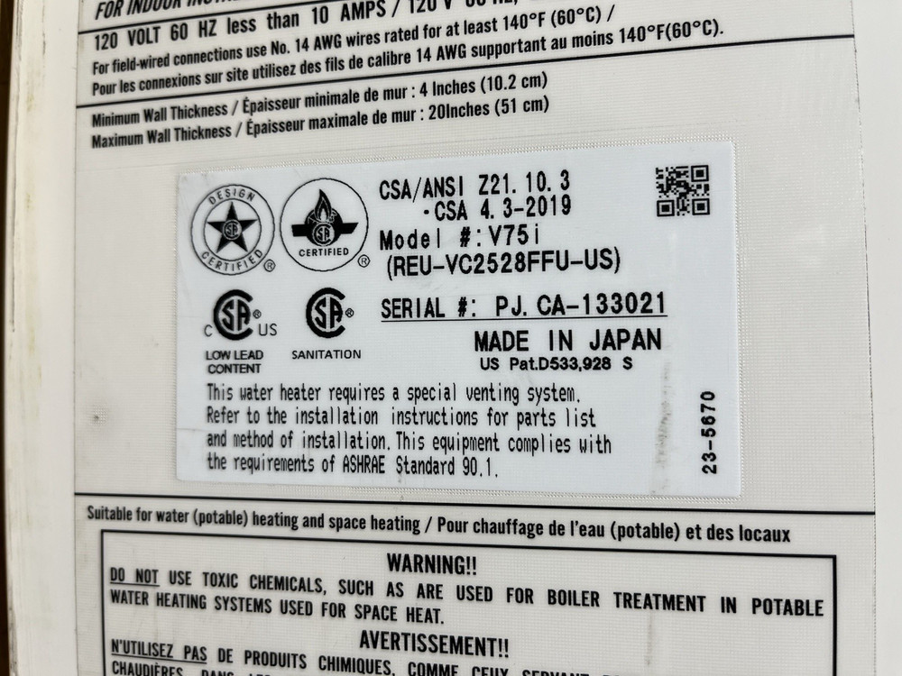 Rinnai V75iN Indoor Tankless Water Heater 180k BTU Natural Gas (C-8 #1739)