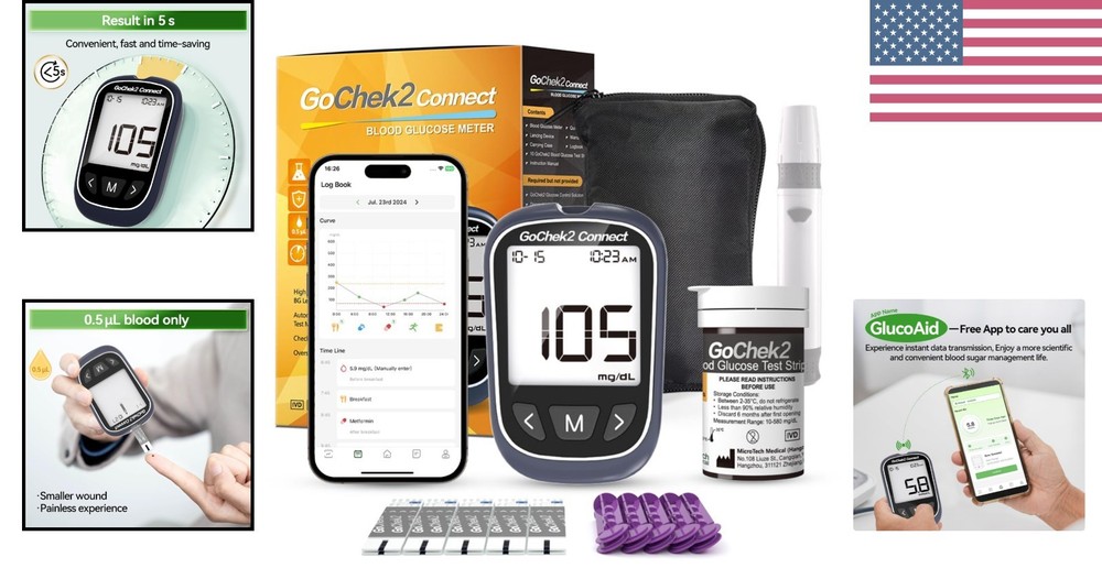 Accurate Diabetes Testing Kit with Bluetooth App - 10 Strips & No Coding Needed