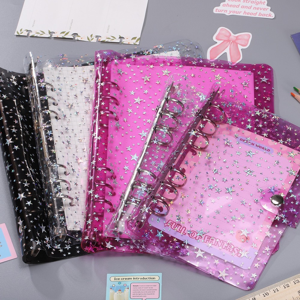 A6 Binder Cover, Stars Refillable Notebook Shell with Snap Button, Clear
