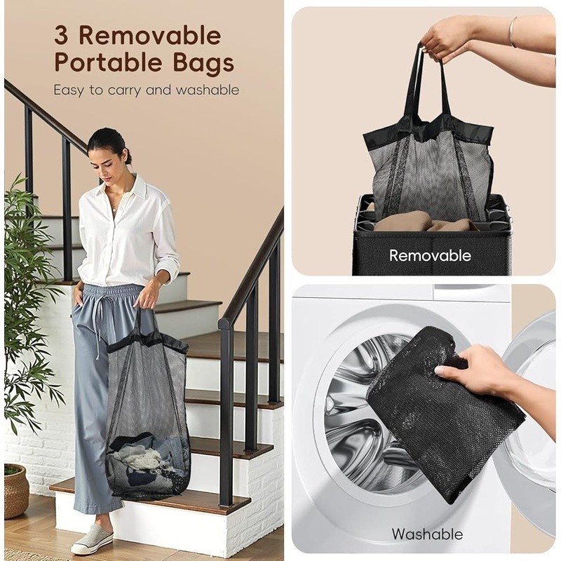 3 Compartment Laundry Hamper W/ Lid Removable Bags Odor Control Space Saving New