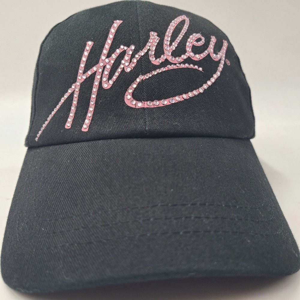 Women Harley Davidson Hat Strapback (Fits Small) Black Pink Bedazzled Script