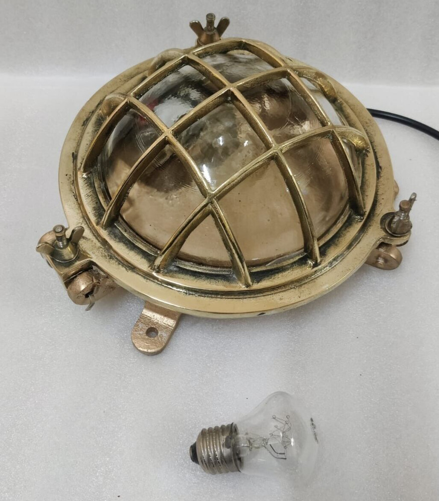 Vintage original Brass Cage&Iron Base Bulkhead passageway Light 2PC.