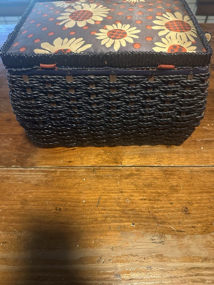Vtg Woven Sewing Box Rectangle Blue Lined Satin