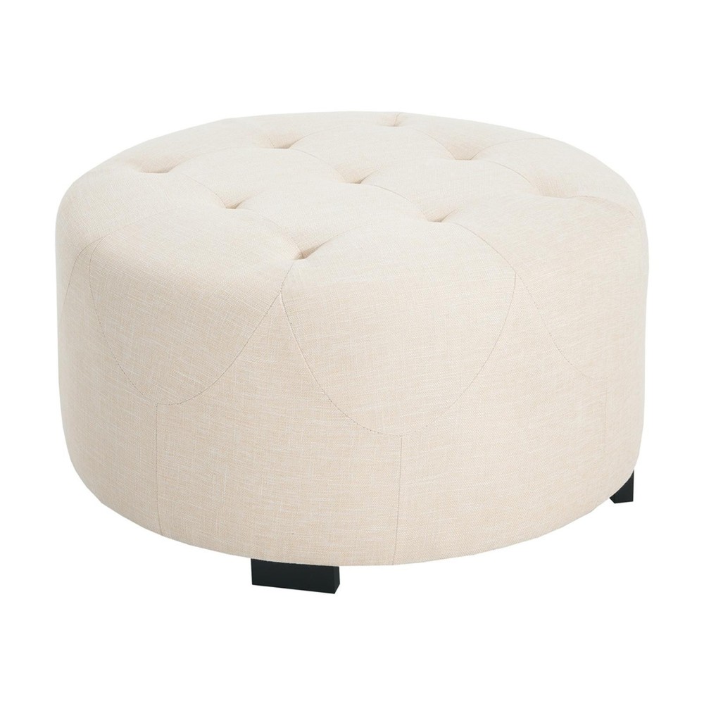 Upholstered Button Tufted Round Ottoman, Beige, Small Version