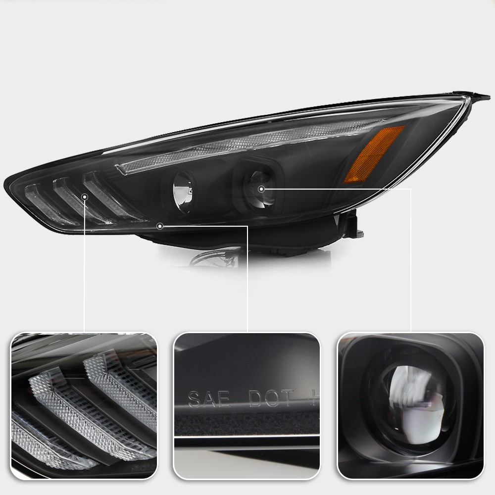 2015-2018 Ford Focus Halogen Type Black LED DRL Sequential Projector Headlights