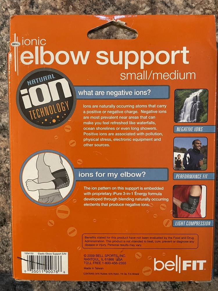 Bell Ionic Elbow Support Negative Ions Compression Performance Fit Small/Medium