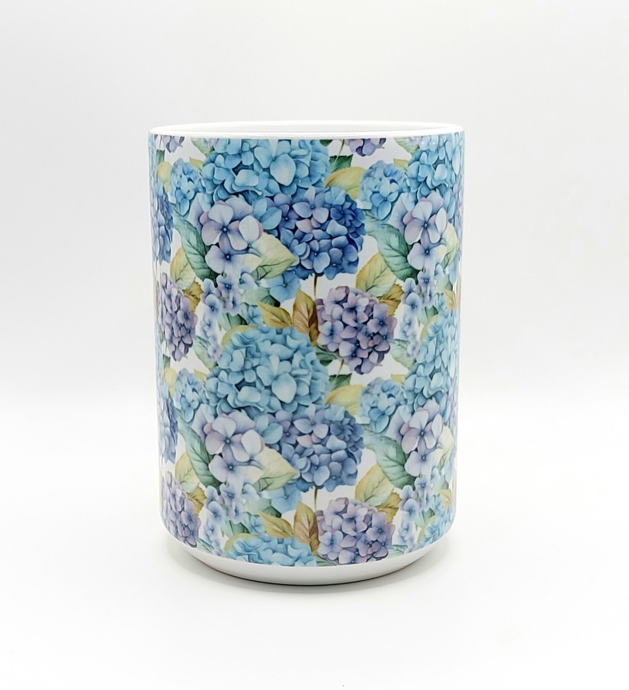 Blue Hydrangeas Coffee Tea Mug Cup 15 Oz Ceramic, Floral Pattern by Mugzan