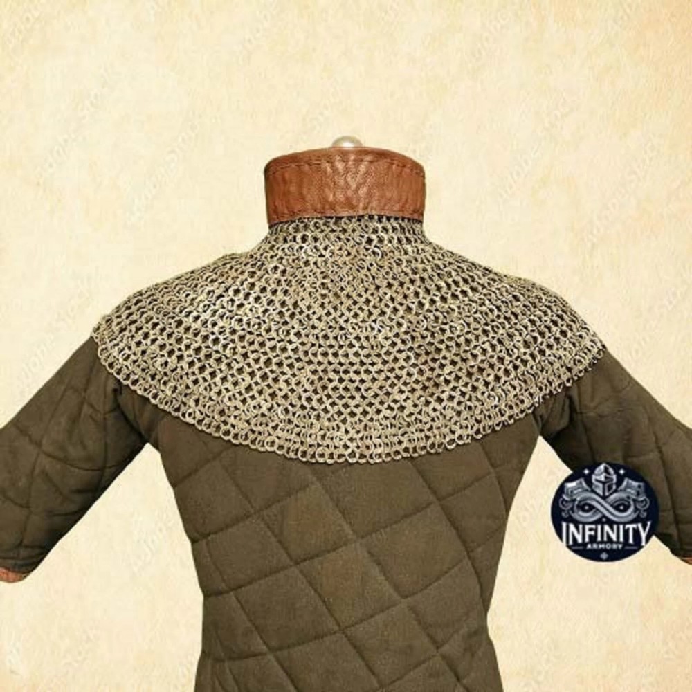 Chain mail collar , Neck protection with leather Collar, Flat riveted Chain mail