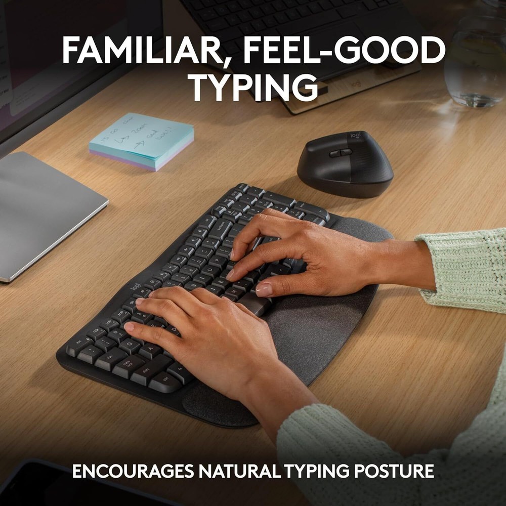 Logitech Wave Keys Wireless Ergonomic Keyboard with Cushioned Palm Rest Graphite