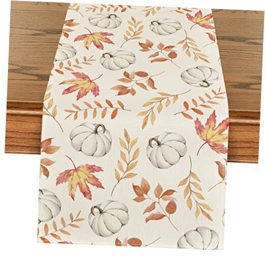 Pumpkins Fall Maple Leaves Fall Table Runner, 13" x 72", Table Runner Orange